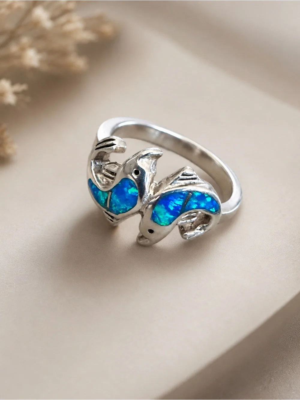 Sterling Silver Dolphin Ring Lab Created Opal Quality Size 6.50